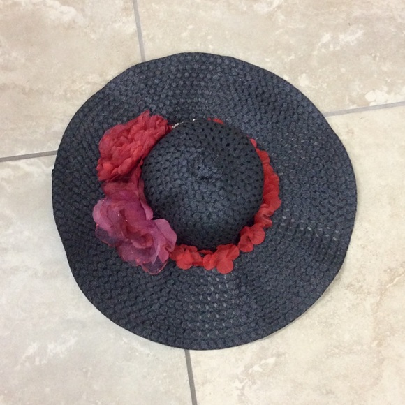 🌺 FLOPPY HAT FLOWER BLING FLORAL SUN BLOCKER BEACH ROSE SUMMER BLACK POOL BOHO - Picture 6 of 8